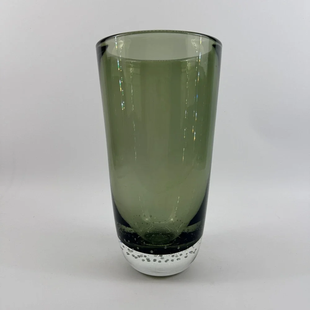 Attributed Carl Erickson Studio Art Glass Olive Green Bubble Cylinder Vase